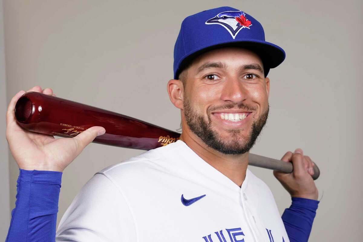 This is a Saturday, March 19, 2022 photo of outfielder George Springer of the Toronto Blue Jays baseball team in Dunedin, Fla. (AP Photo/Lynne Sladky)