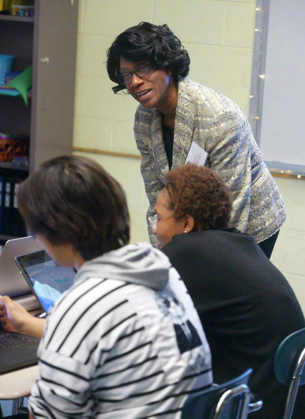 Connecticut Education Commissioner Charlene Russell-Tucker speaks to students in Workplace Learning 3 during a visit to Danbury High School on Tuesday morning. March 22, 2022, Danbury, Conn.