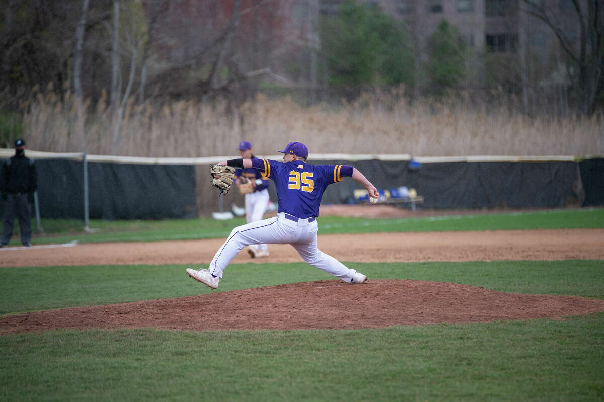 UAlbany's Ray Weber delivers a pitch against UMass Lowell on Saturday, April 17, 2021 at Varsity Field in Albany, NY.