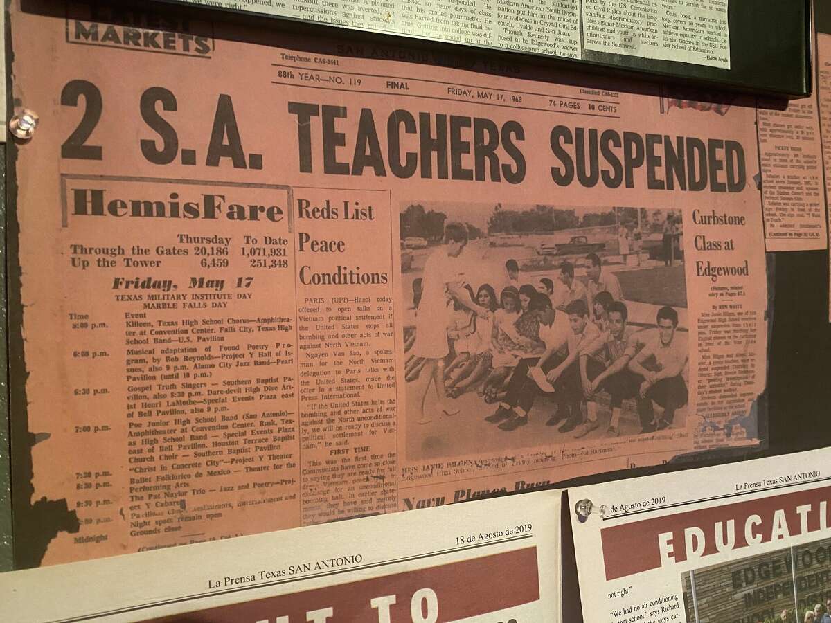 Newspaper clippings from the Herreras' personal collection chronicling the 1968 Edgewood Walkouts.