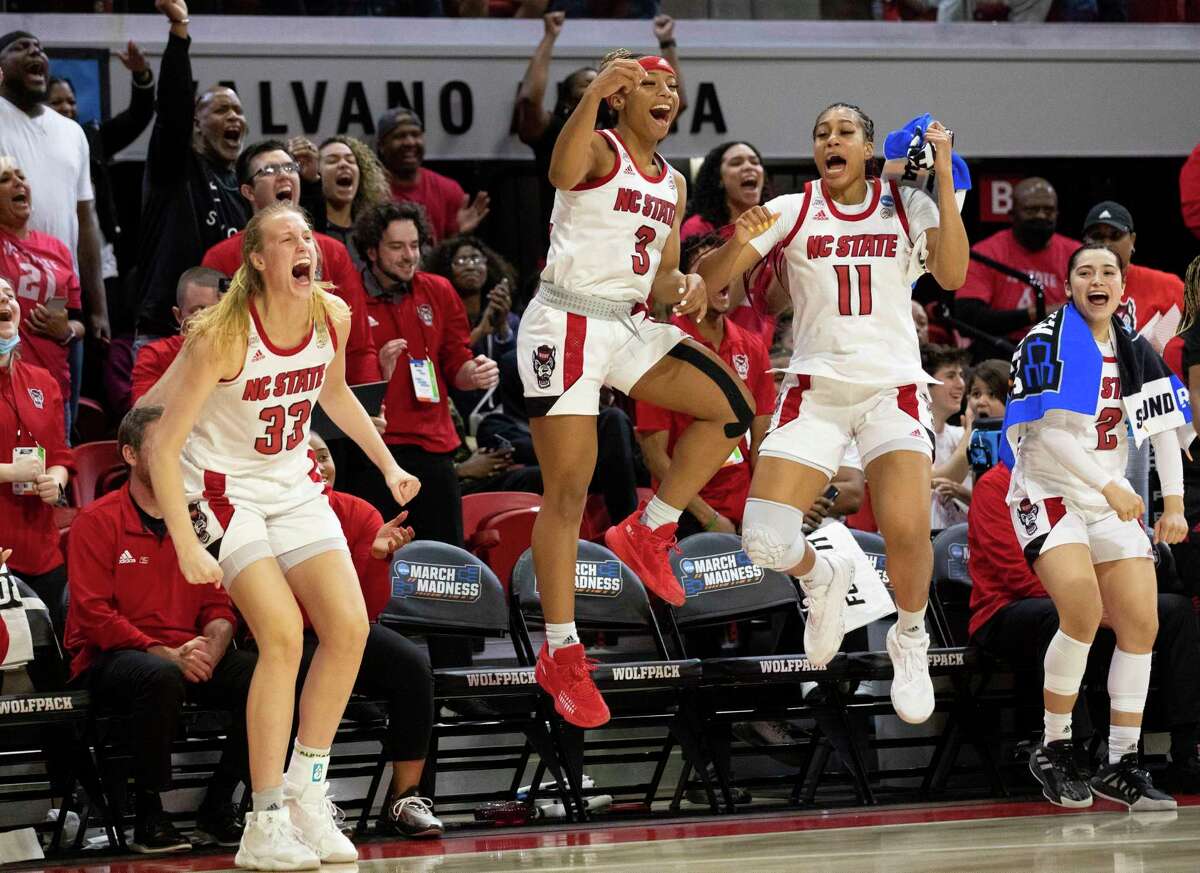 North Carolina State’s Elissa Cunane (33), Kai Crutchfield (3), Jakia Brown-Turner (11) and Raina Perez (2) react to a play in the final minutes against Kansas State in the second round of the NCAA Tournament in Raleigh, N.C., on Monday.