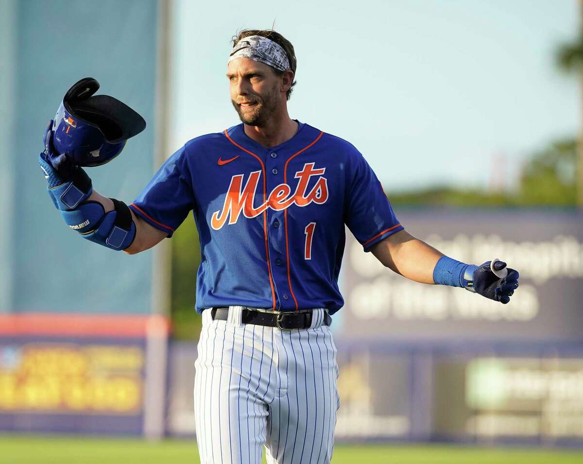 New York Mets Jeff McNeil reacts after he ground into a double play to end the third inning during a MLB spring training game at Clover Park on Tuesday, March 22, 2022 in Port St. Lucie.