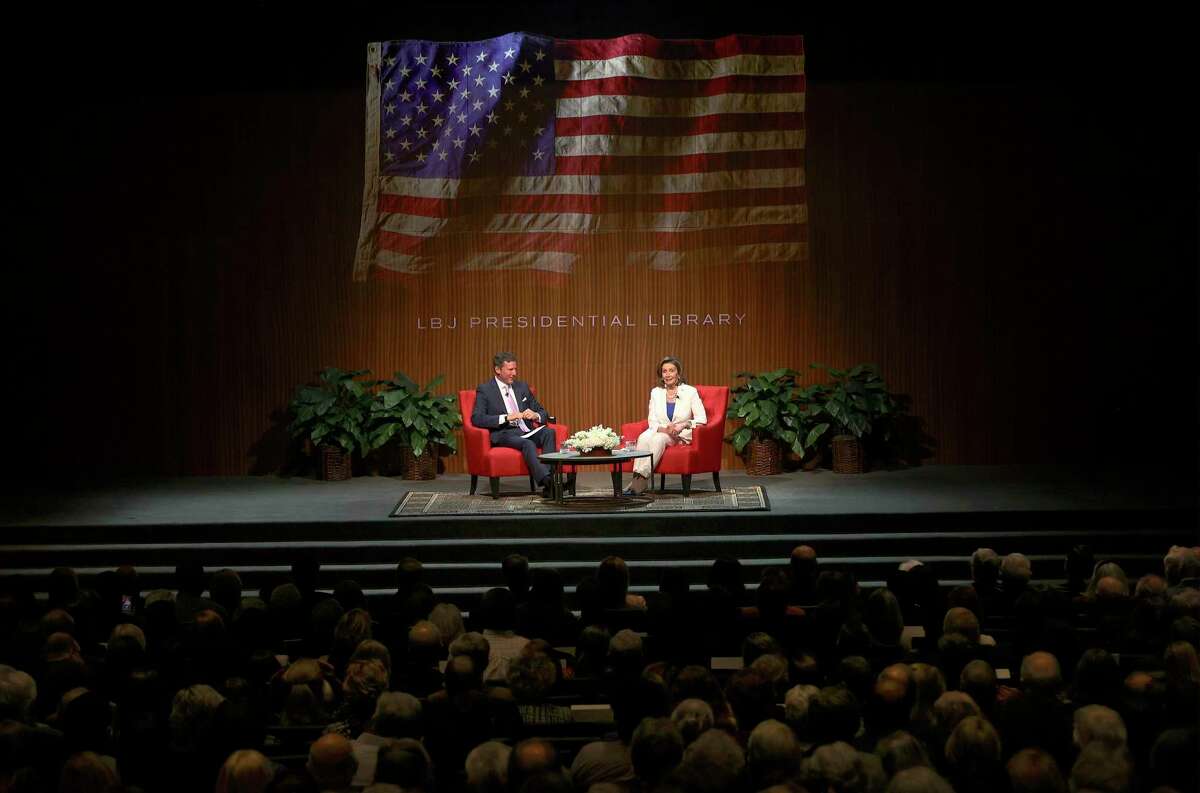 House Speaker Nancy Pelosi (D-Calif.) speaks to an audience during a visit to Austin and the LBJ Presidential Library on Tuesday, Mar. 22, 2022. Speaker Pelosi discussed voting rights among other topics of the day. Mark K. Updegrove (left), President and CEO, LBJ Foundation directed questions to Speaker Pelosi.