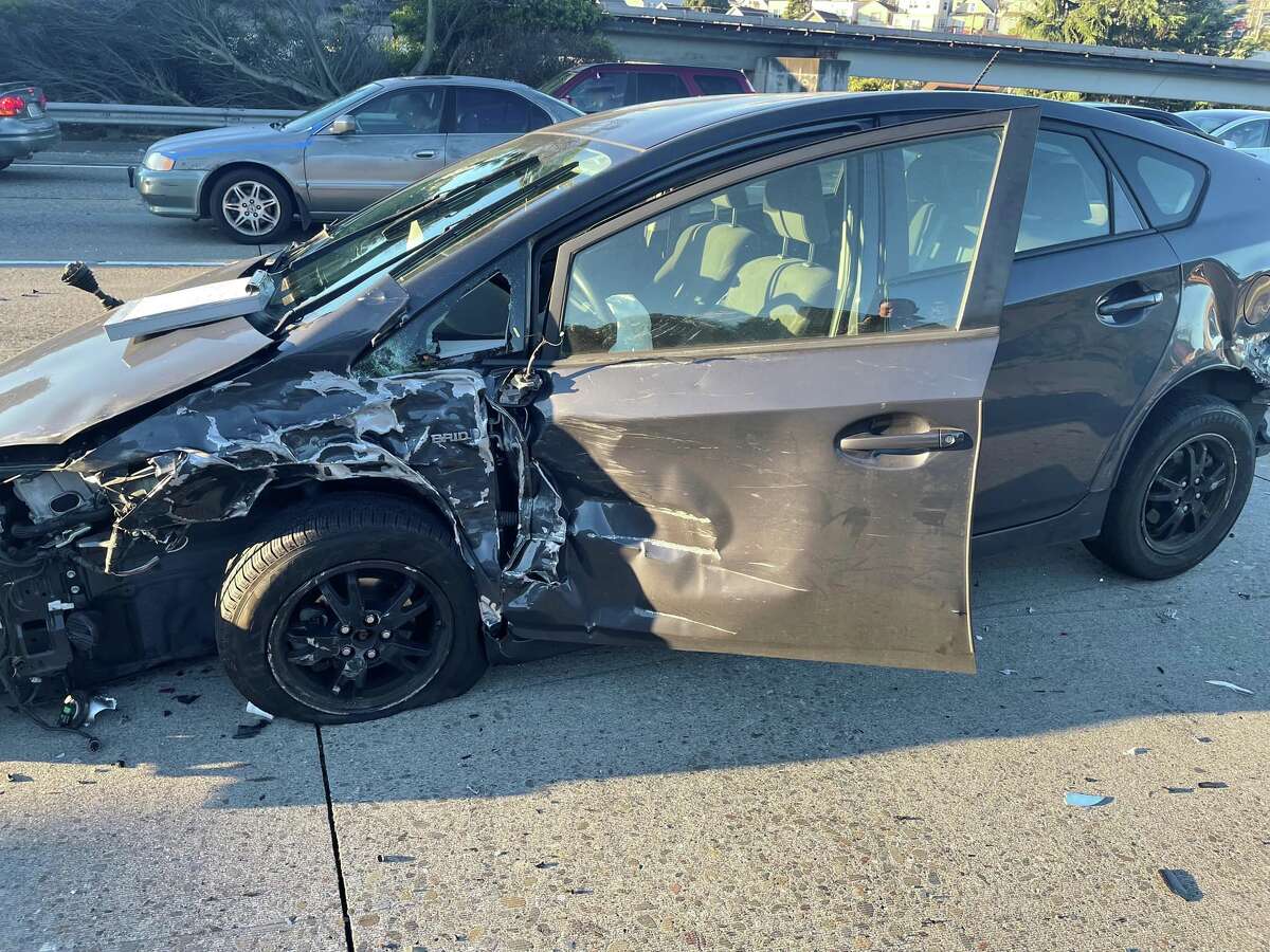 One of the 11 cars involved in pileup that occurred in San Francisco on March 22, 2022.