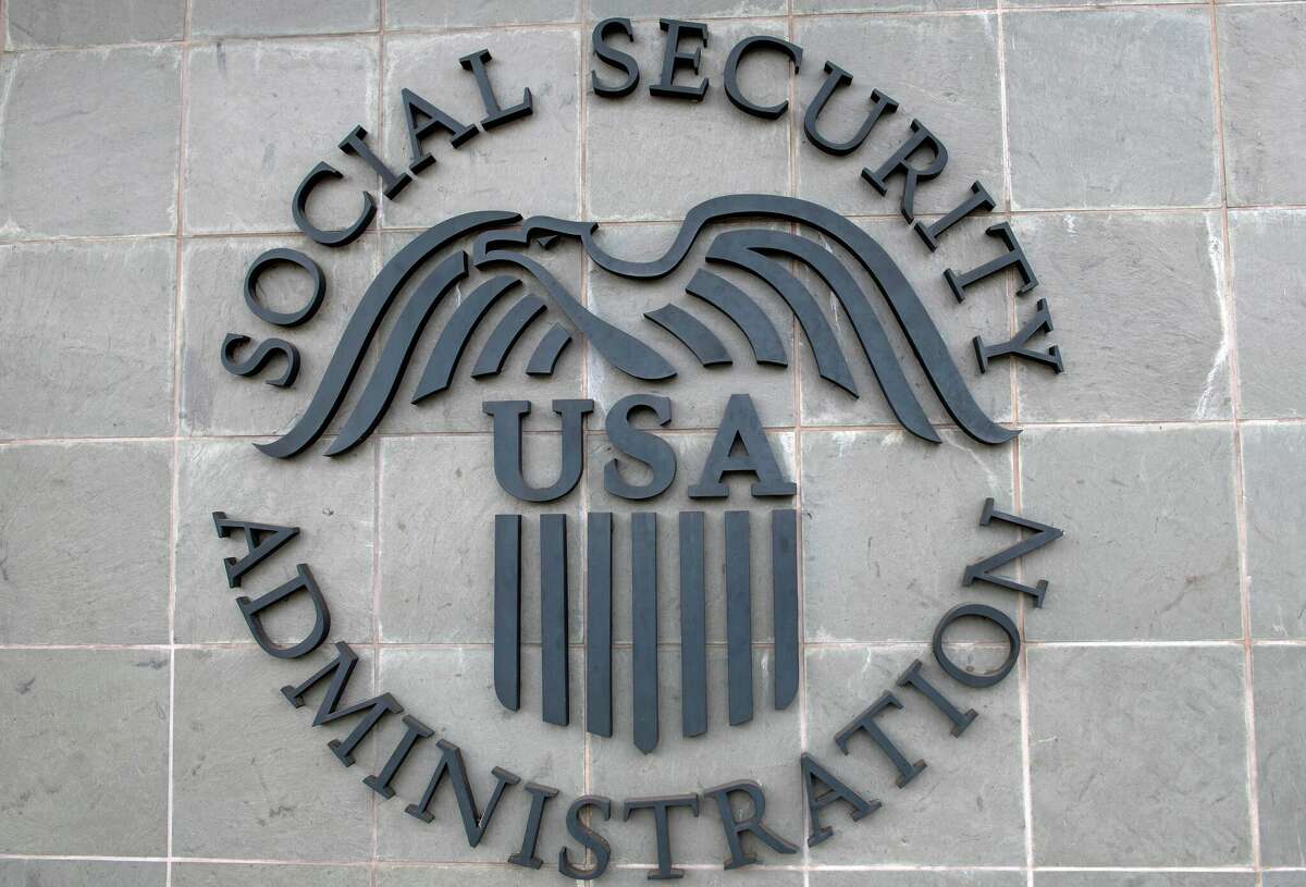 The logo of the US Social Security Administration is seen outside a Social Security building in Burbank, California. 