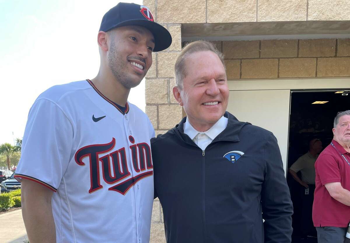 Carlos Correa and his agent Scott Boras after Wednesday's press conference officially introducing the former Astros star as the shortstop for the Minnesota Twins. 