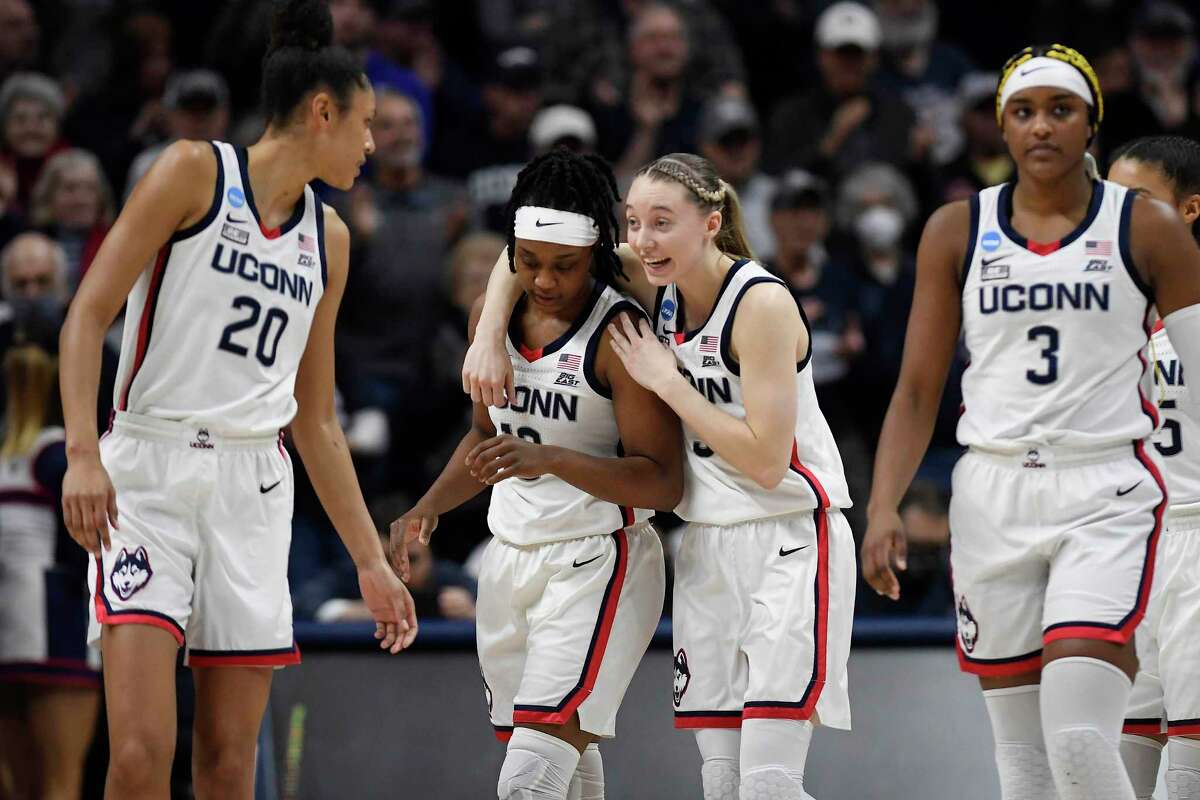 From left, UConn’s Olivia Nelson-Ododa, Christyn Williams, Paige Bueckers and Aaliyah Edwards have formed, along with Azzi Fudd, the starting lineup that coach Geno Auriemma seems poised to use for the rest of the postseason.