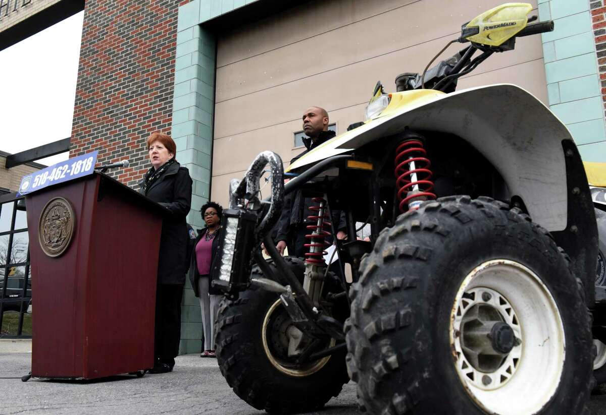 Albany Mayor Kathy Sheehan announces new measures to curb the use of illegal dirt bikes and ATVs on city streets on Wednesday, March 23, 2022, during a press conference at the Arbor Hill Fire Firehouse in Albany, N.Y. The city plans to confiscate illegal vehicles and charge owners a $3,000 redemption. They also opened a tip line, 518.462.1818.