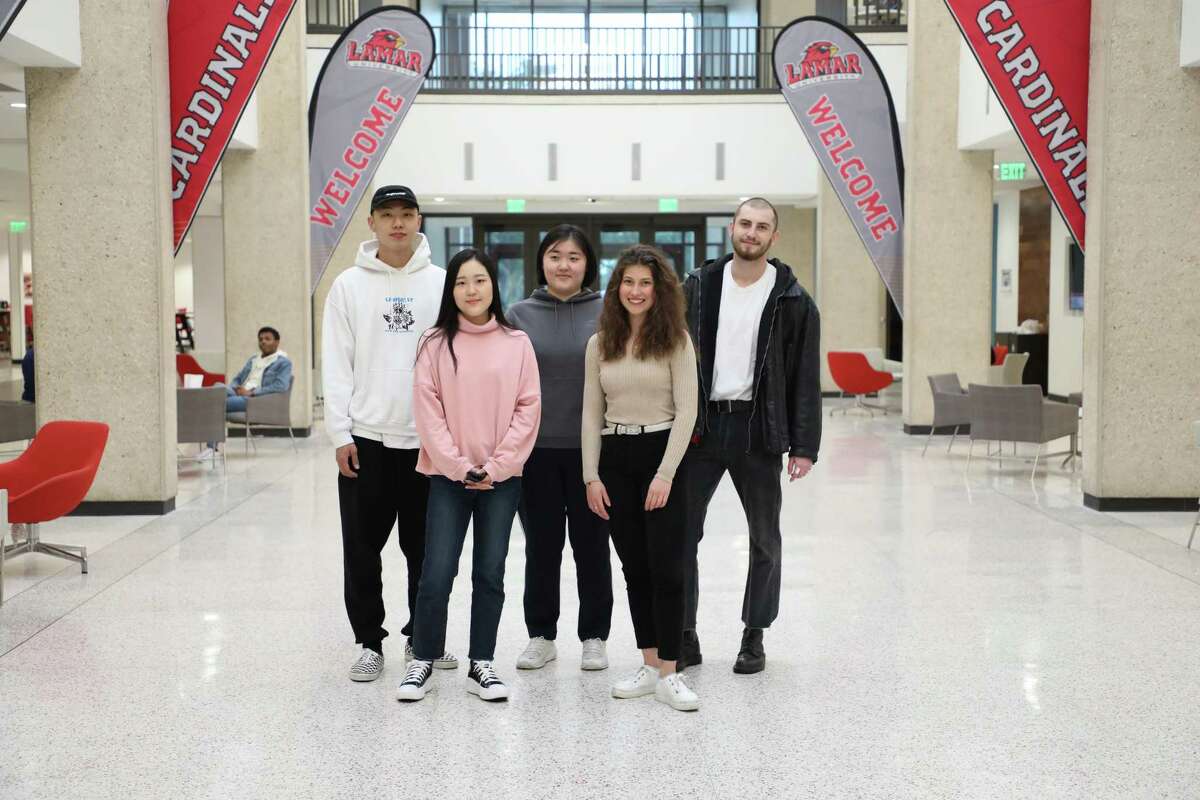 From left to right, Sung Woo Cho, Dakyung Park, Youngyeun Han, Ricarda Scheel and Paul Gaillard are the first foreign exchange students Lamar University has welcomed since the onset of the COVID-19 pandemic.