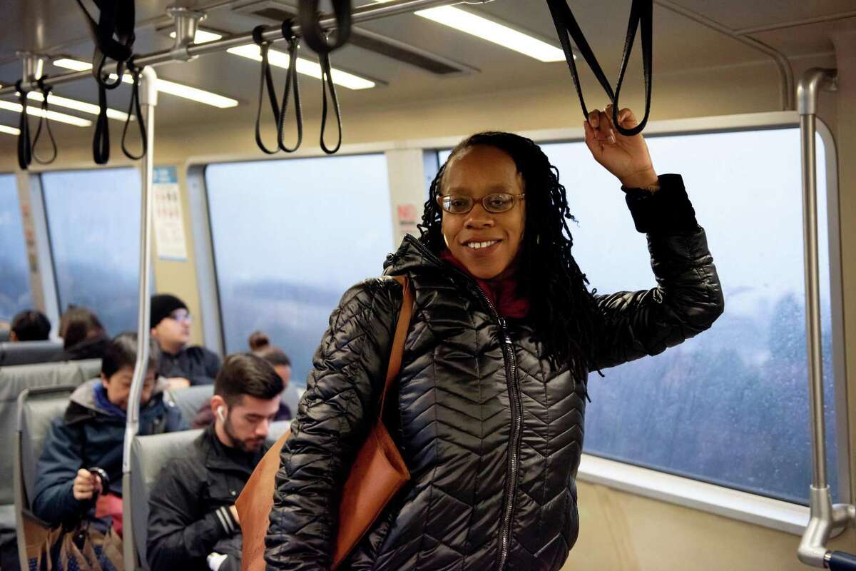 Lateefah Simon riding BART during her morning commute in January 2020.