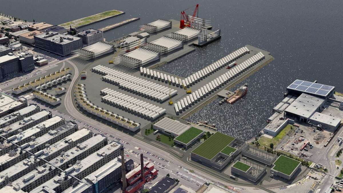 Equinor, the Norway firm building three wind farms off the shore of Long Island, will be using the the South Brooklyn Marine Terminal (shown in a rendering) for operations and wind turbine and equipment staging and assembly in addition to port facilities on the Hudson River in Glenmont and Coeymans. General Electric Co. and Bond Civil & Utility Construction of Boston will be involved in designing and constructing high-voltage electrical infrastructure to bring the power to shore.