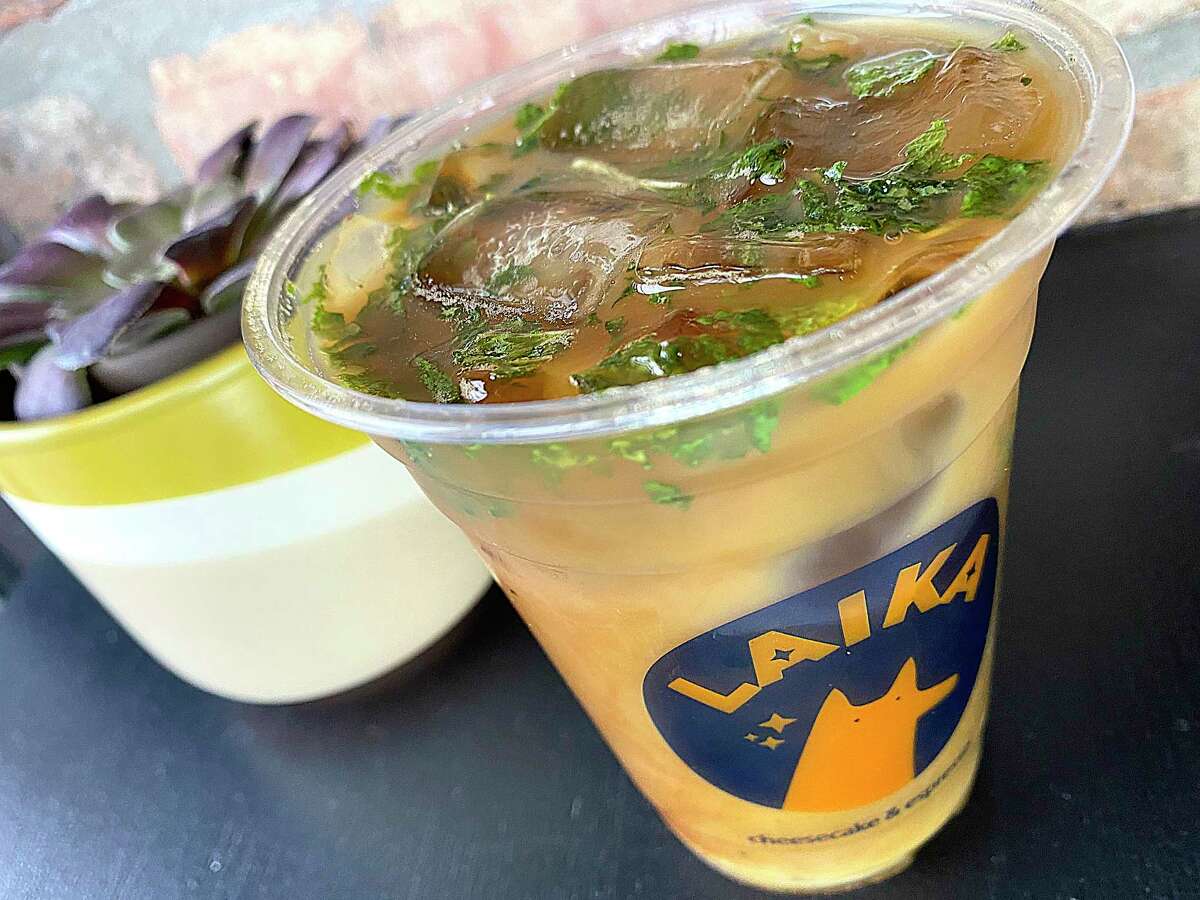 Specialty coffees include a mint-infused iced coffee at Laika Cheesecake & Espresso on Broadway.