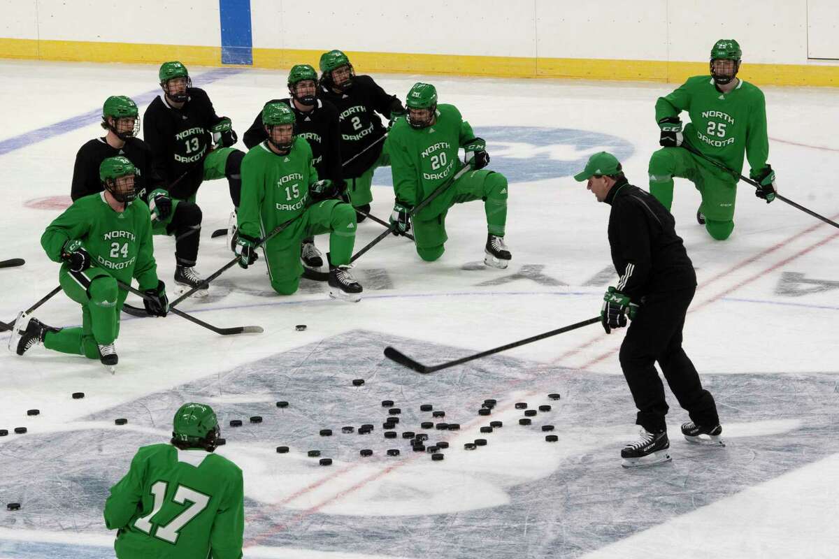 North Dakota hockey players practice for their game against Notre Dame in the NCAA game at the MVP Arena on Wednesday, March 23, 2022 in Albany, N.Y.