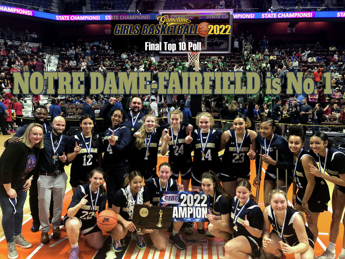 Members of the Notre Dame-Fairfield girls basketball team celebrate after winning the first state championship in program history. Notre Dame defeated Newington for the Class L title.