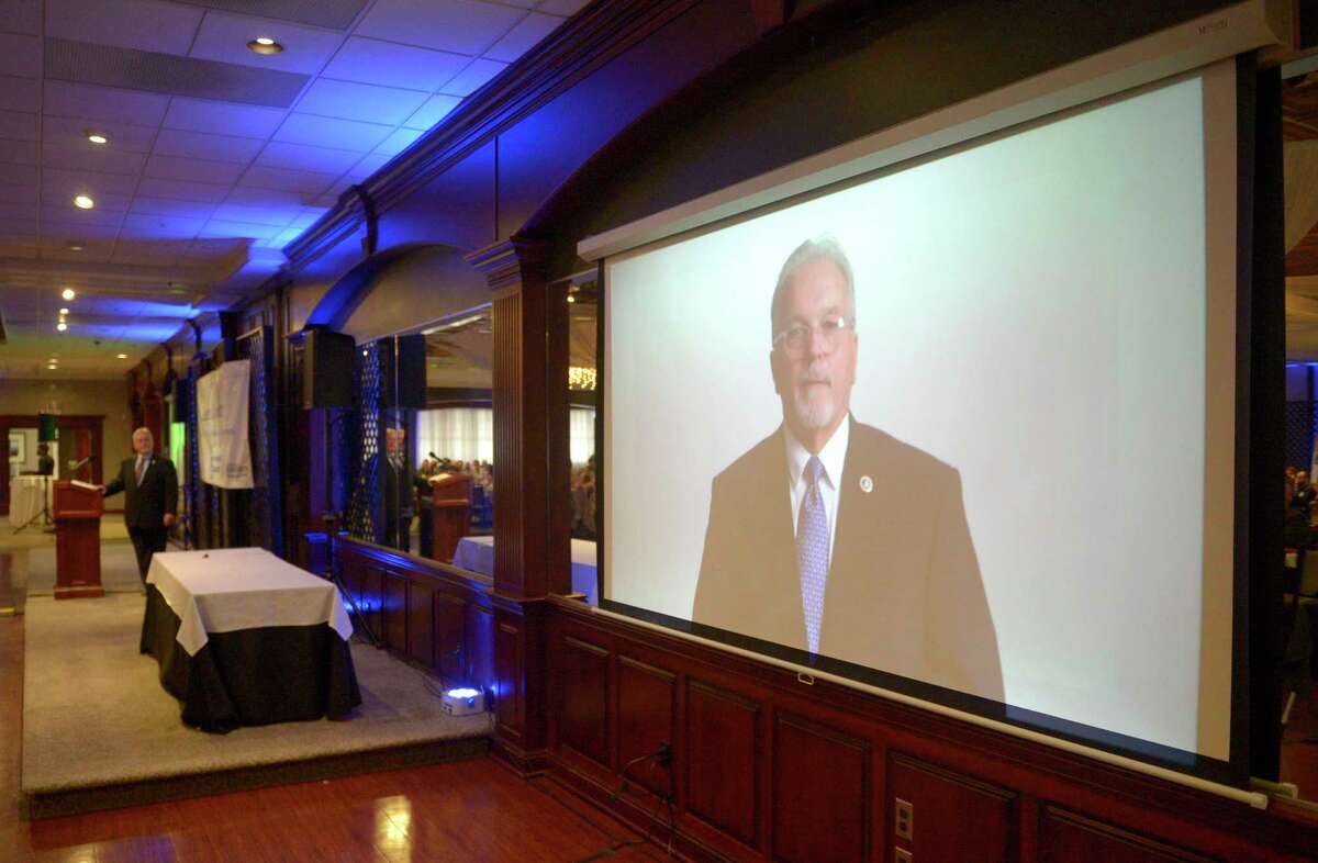 Mayor Dean Esposito used a video presentation for the majority of his State of the City address at the Greater Danbury Chamber of Commerce Annual Leaders Luncheon. Held at the Amber Room Colonnade, Danbury, Conn, Friday, December 10, 2021.