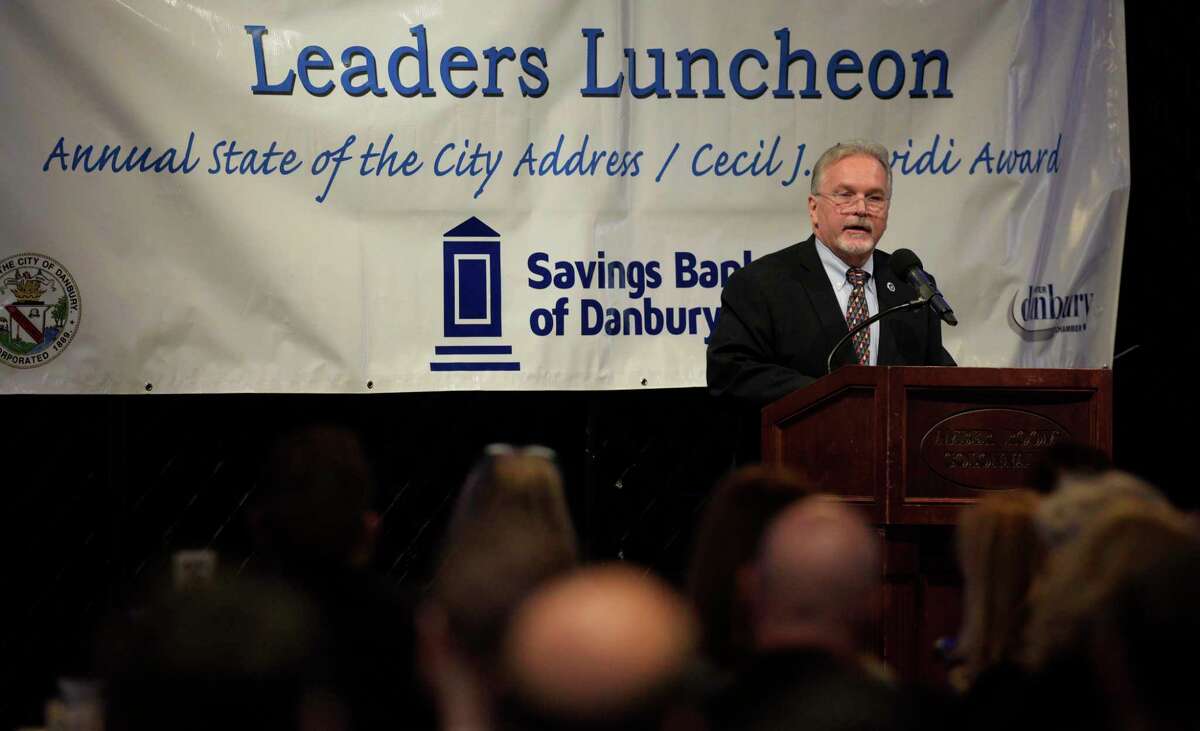 Mayor Dean Esposito used a video presentation for the majority of his State of the City address at the Greater Danbury Chamber of Commerce Annual Leaders Luncheon. Held at the Amber Room Colonnade, Danbury, Conn, Friday, December 10, 2021.
