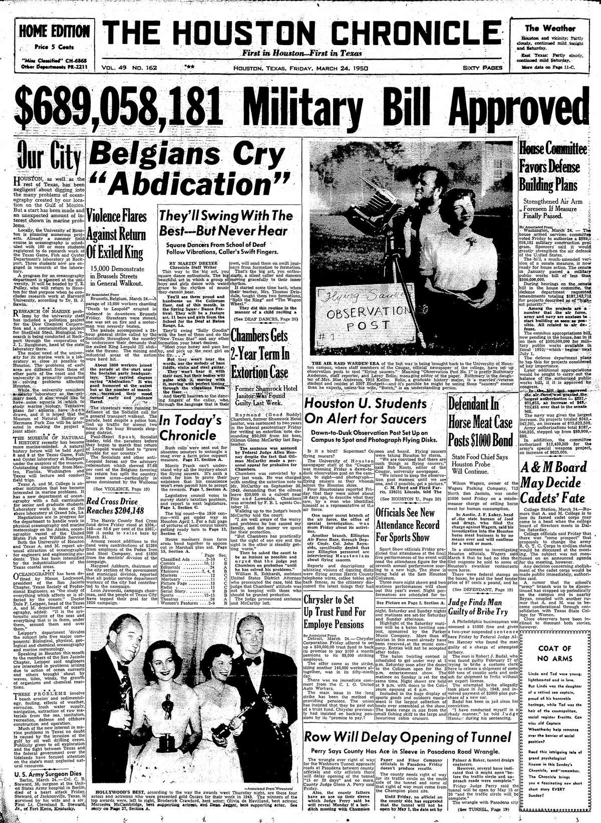 Houston Chronicle front page for March 24, 1950.