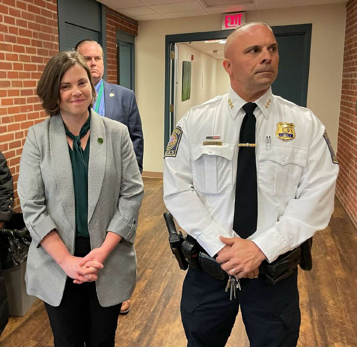 Hamden Mayor Lauren Garrett, left, and Chief of Police John Sullivan at a forum on crime in town, held March 23, 2022.