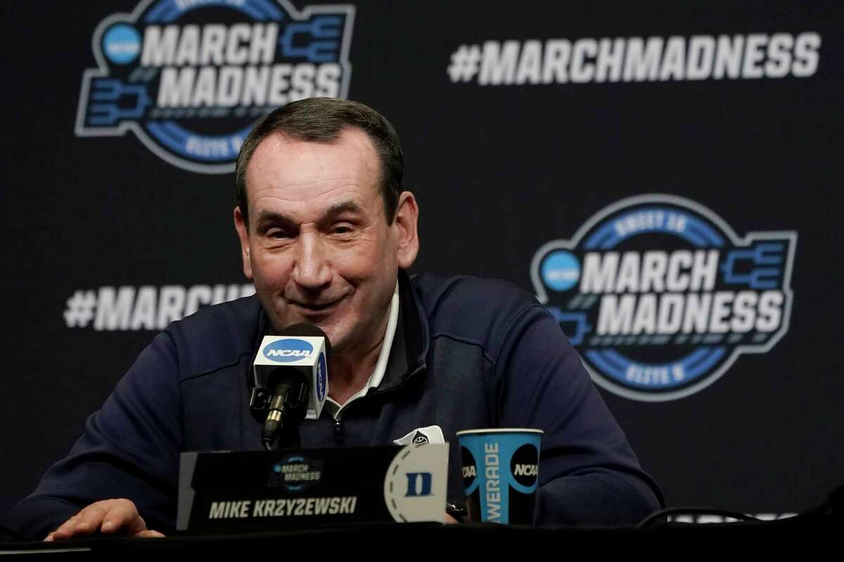 Duke head coach Mike Krzyzewski speaks at a news conference for the NCAA men's college basketball tournament in San Francisco, Wednesday, March 23, 2022. Duke faces Texas Tech in a Sweet 16 game on Thursday.