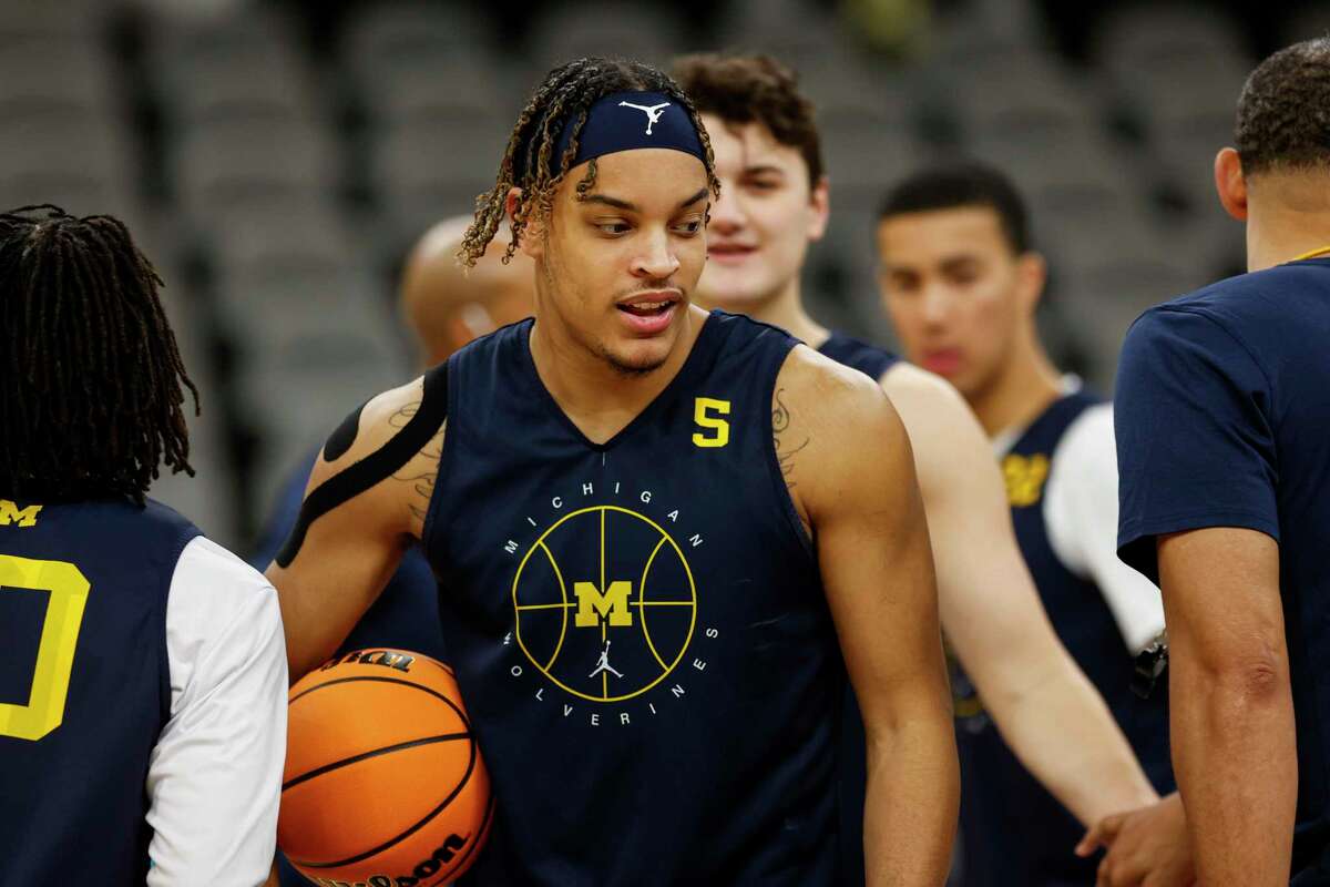 Michigan Wolverines forward Terrance Williams II (5) attends practice at AT&T Center in San Antonio, Texas, Wednesday, March 23, 2022. The 11-seed Wolverines will face the 2-seed Villanova Wildcats in the Sweet 16 on Thursday evening.
