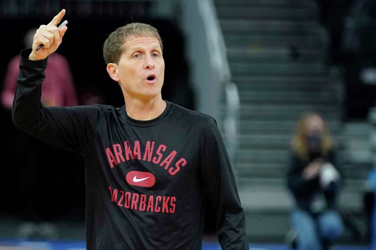Arkansas head coach Eric Musselman shouts instructions during Wednesday’s practice at Chase Center, ahead of his team’s Sweet 16 game against Gonzaga on Thursday.