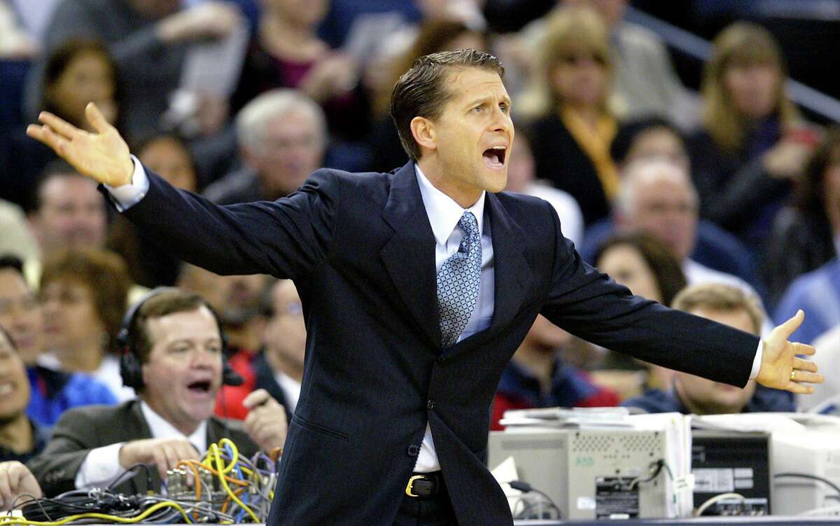 Golden State Warriors head coach Eric Musselman yells during a game against the Utah Jazz at the Oakland Arena on Jan. 25, 2003. Musselman went 75-89 in his two seasons as Warriors coach.