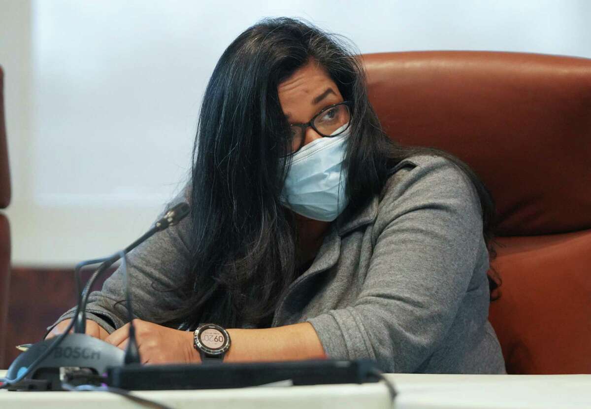 Former San Antonio police officer Elizabeth Montoya watches the proceedings Tuesday morning during an arbitration hearing on her appeal of an indefinite suspension from the San Antonio Police Department.