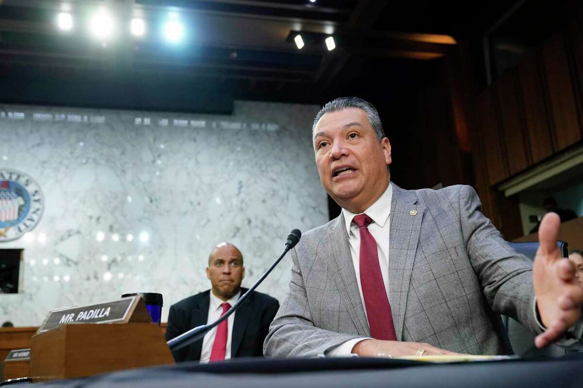 California Democrat Sen. Alex Padilla speaks during a confirmation hearing for Supreme Court nominee Ketanji Brown Jackson before the Senate Judiciary Committee on Capitol Hill in Washington on Wednesday. Sen. Cory Booker, D-N.J., looks on at left.