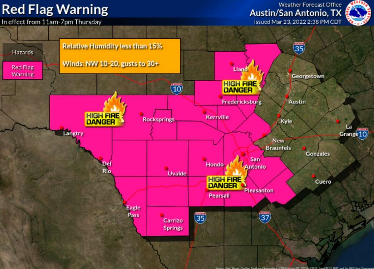 Bexar County and surrounding areas are under a red flag warning Thursday due to high winds and low humidity in the region.