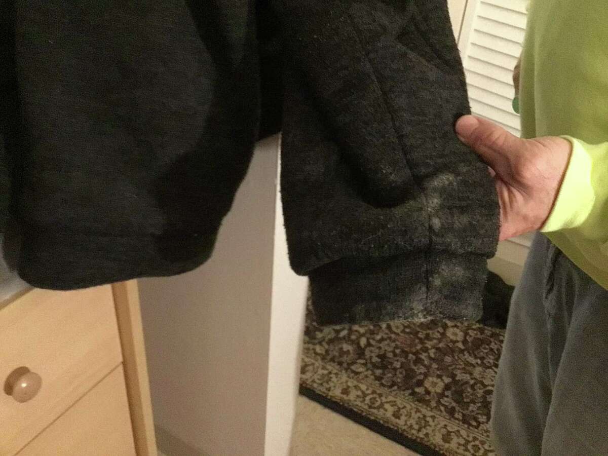 A photo provided by James Gallant, a resident low income elderly and disabled Wangum Village housing complex in North Canaan, shows the appearance of mold on his clothing.