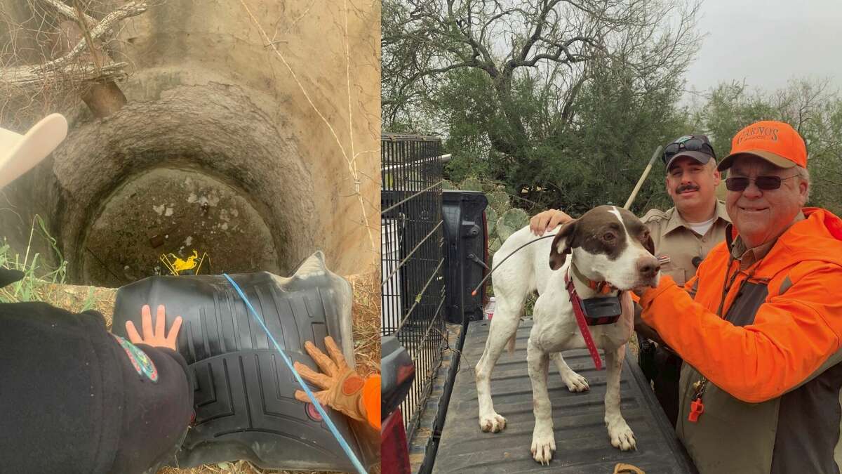 Maria is seen with her owner and Jim Hogg County Game Warden Carlos H. Maldonado, III after they rescued the dog from an abandoned well in South Texas. 