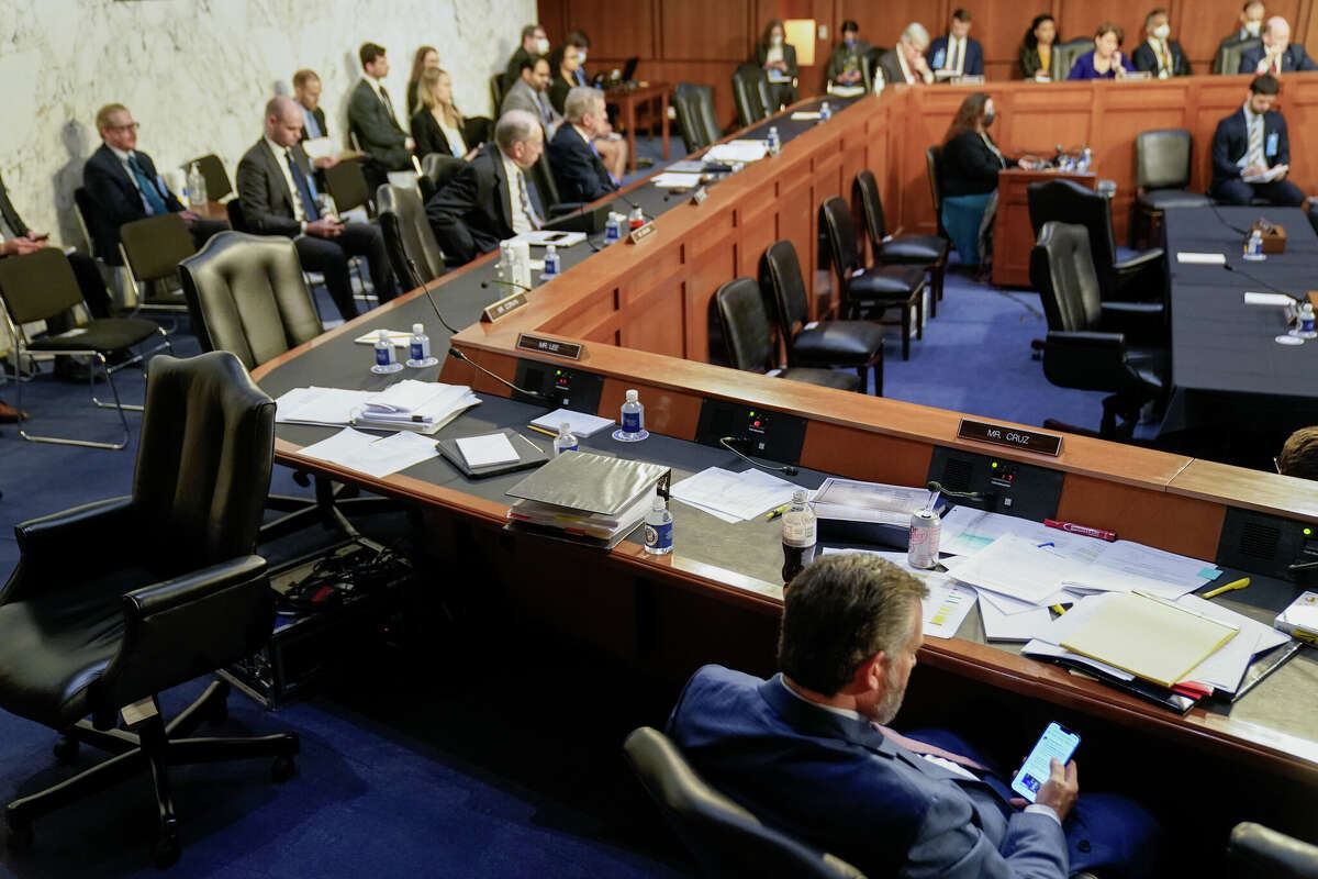 Ted Cruz, R-Texas, checks his phone during the Senate Judiciary Committee confirmation hearing for Supreme Court nominee Judge Ketanji Brown Jackson on Capitol Hill on Mar. 23, 2022 in Washington, DC.