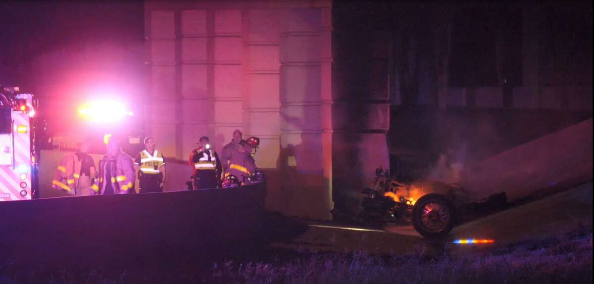 First responders found human remains in a burning vehicle that crashed in the 4400 block of Northeast Loop 410 before dawn on March 24, 2022.