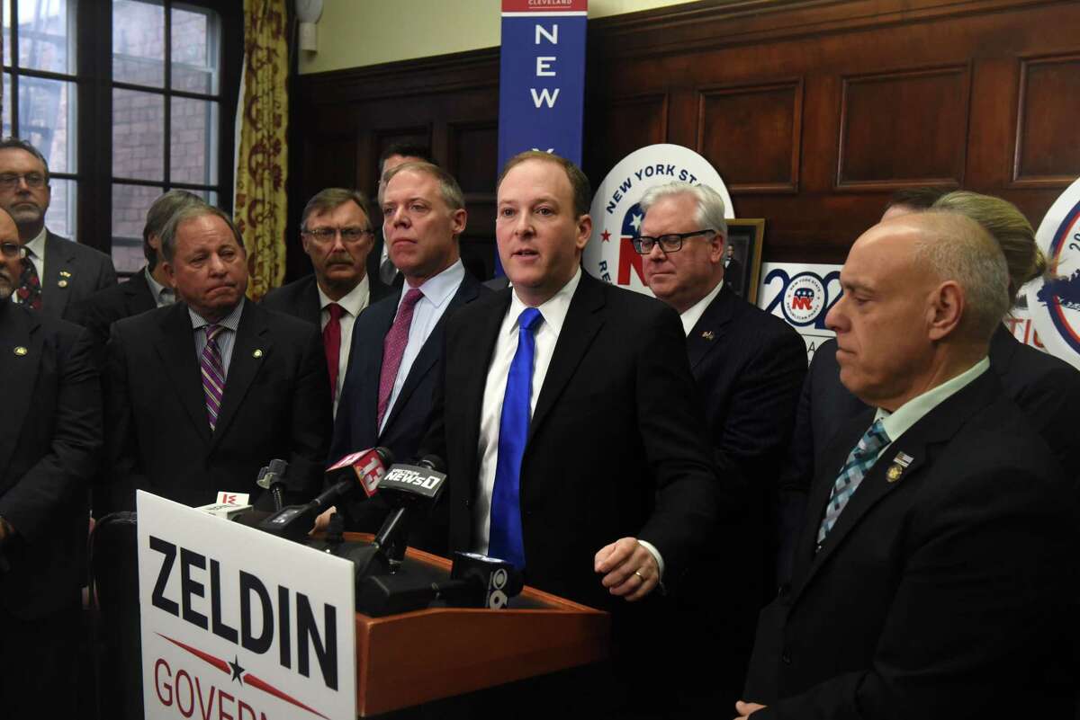 GOP candidate for governor, U.S. Rep. Lee Zeldin, holds a press conference with state lawmakers to call for the overhaul of New York’s cashless bail law in the state budget on Thursday, March 24, 2022, at the state GOP headquarters on State St. in Albany, N.Y.