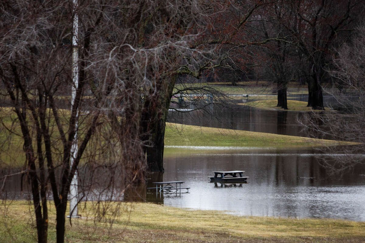 Water from the Tittabawassee River begins to flood Chippewassee Park Thursday, March 24, 2022 near the Tridge. The river is expected to crest at around 22 feet on Saturday, according to the National Weather Service.