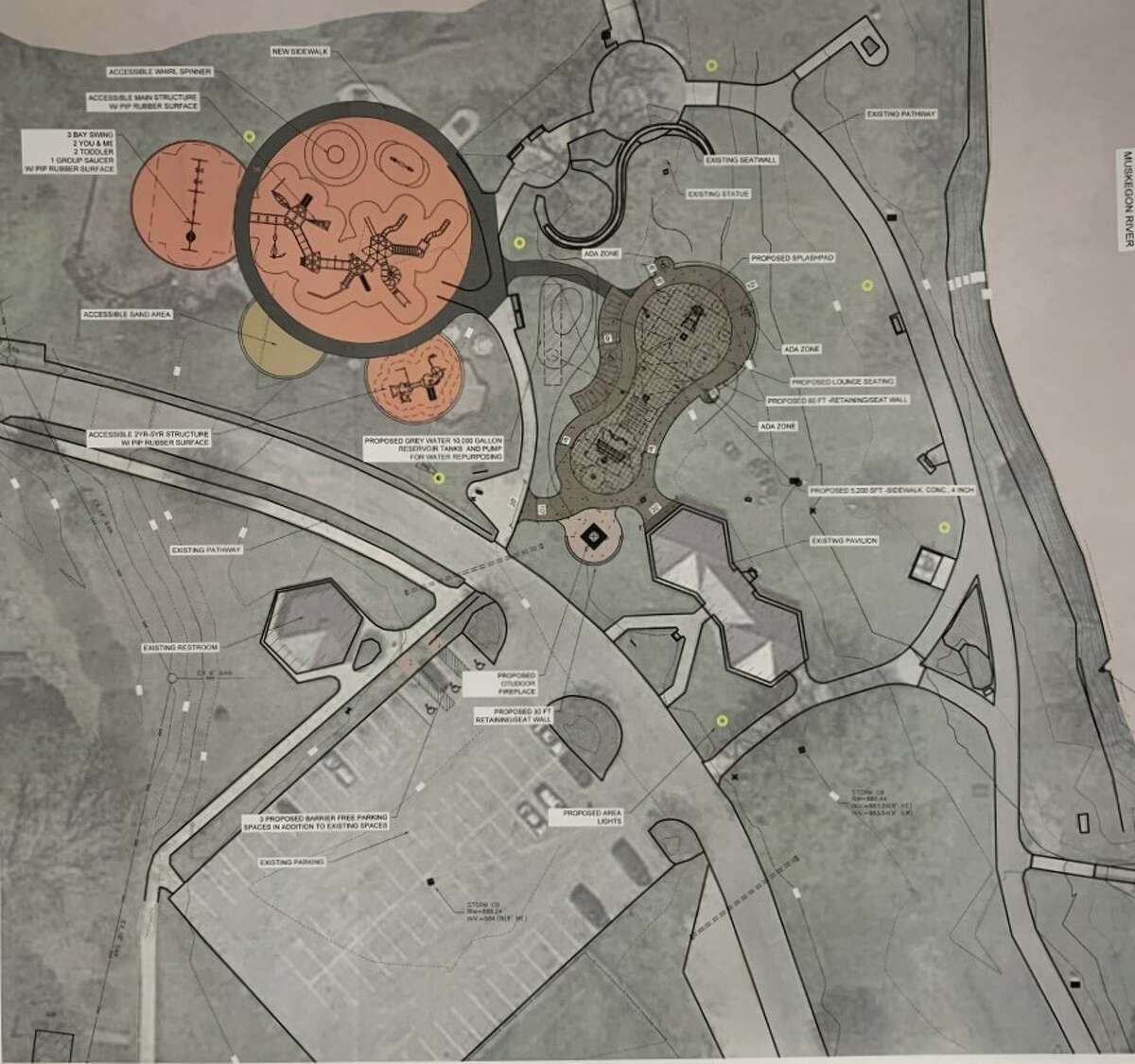 Tentative plans for a splash pad and new playscape at Hemlock Park show a circular area for the playscape with additional features around it, and a figure-eight splash pad with a separate are for younger children and another area for older children.