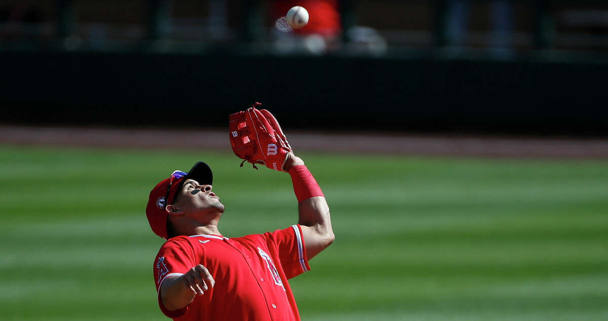 Shortstop Franklin Barreto #8 of the Los Angeles Angels catches a shallow fly ball in the outfield against the Arizona Diamondbacks during the fifth inning of the MLB spring training baseball game at Salt River Fields at Talking Stick on March 04, 2021 in Scottsdale, Arizona. (Photo by Ralph Freso/Getty Images)