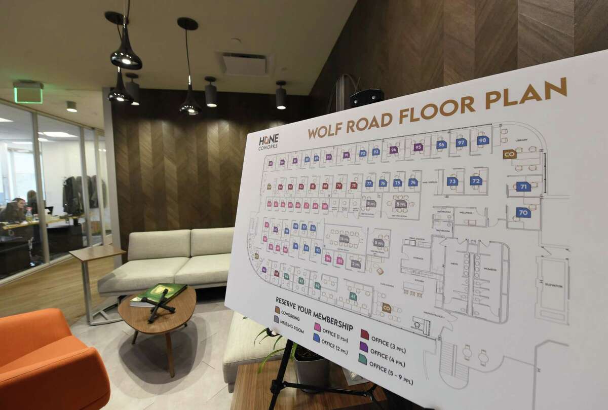 A floor plan for the new Wolf Road Hone Coworks space is displayed on Thursday, March 24, 2022, in Colonie, N.Y. Hone Coworks occupies 14,000+ square feet on the third floor of 187 Wolf Road, an office building owned by The Rosenblum Companies. Hone Wolf Road offers 48 fully furnished private offices that accommodate from one to nine people as well as multiple shared spaces for concentrating or collaborating.