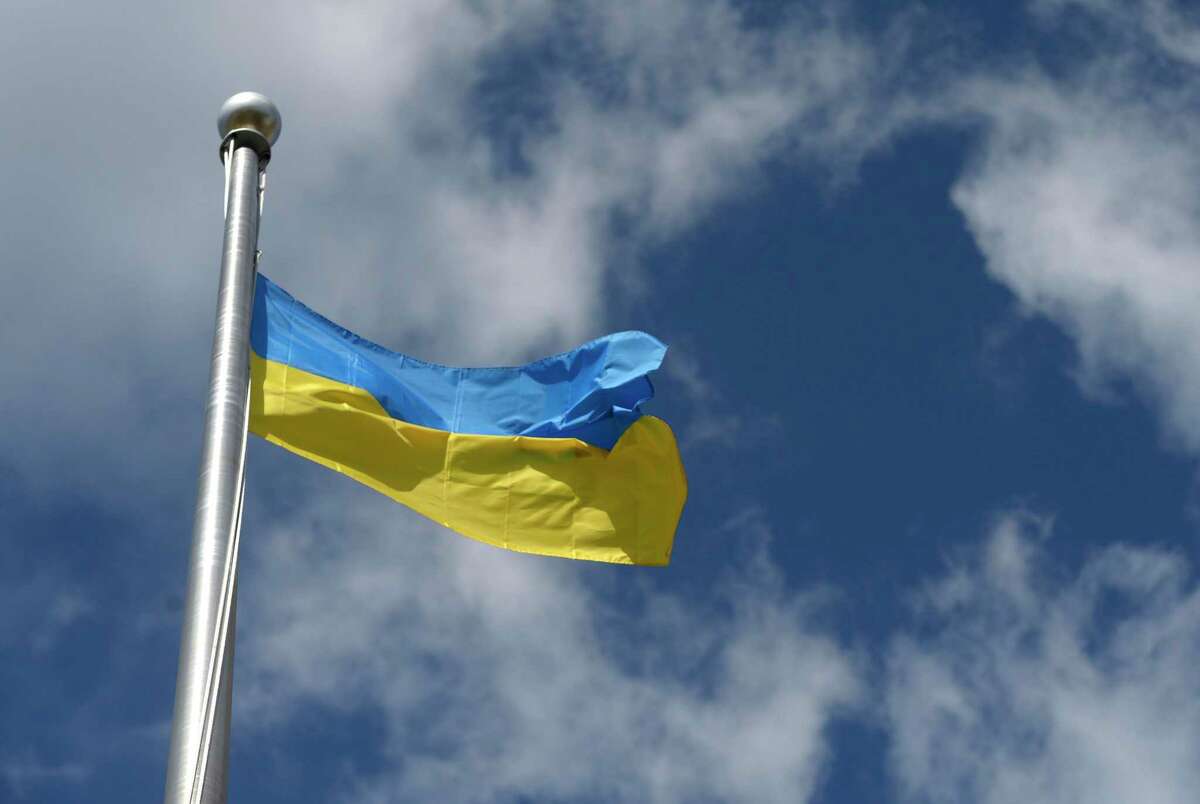The City of Danbury held a flag raising on Monday, raising the Ukraine flag at City Hall to demonstrate the city’s support for the citizens of Ukraine. Danbury, Conn. Monday, March 21, 2022. An event in support of Ukraine will be held at 4 p.m. Saturday at the Brookfield Town Hall grounds
