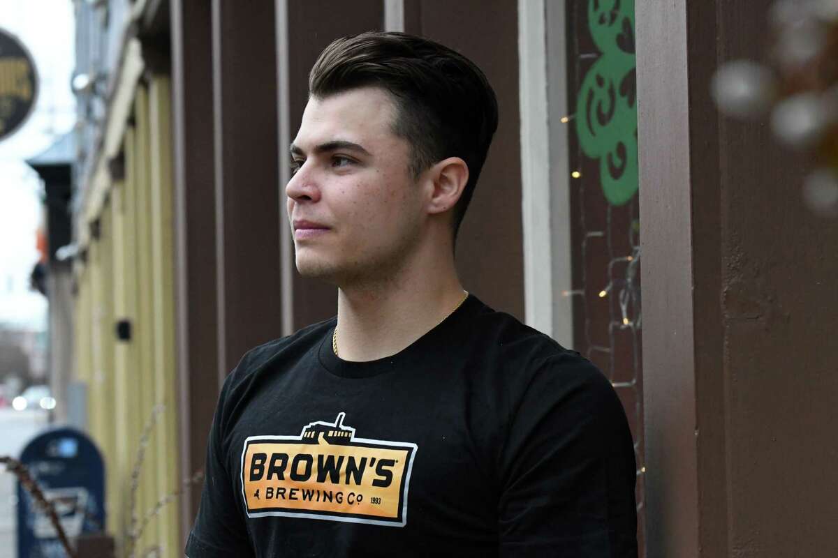 Misha, a cook at Brown’s Brewing who is half Russian, half Ukrainian, recently went to Ukraine to help family and fleeing citizens on Thursday, March 24, 2022, outside Brown's Brewing in Troy, N.Y.