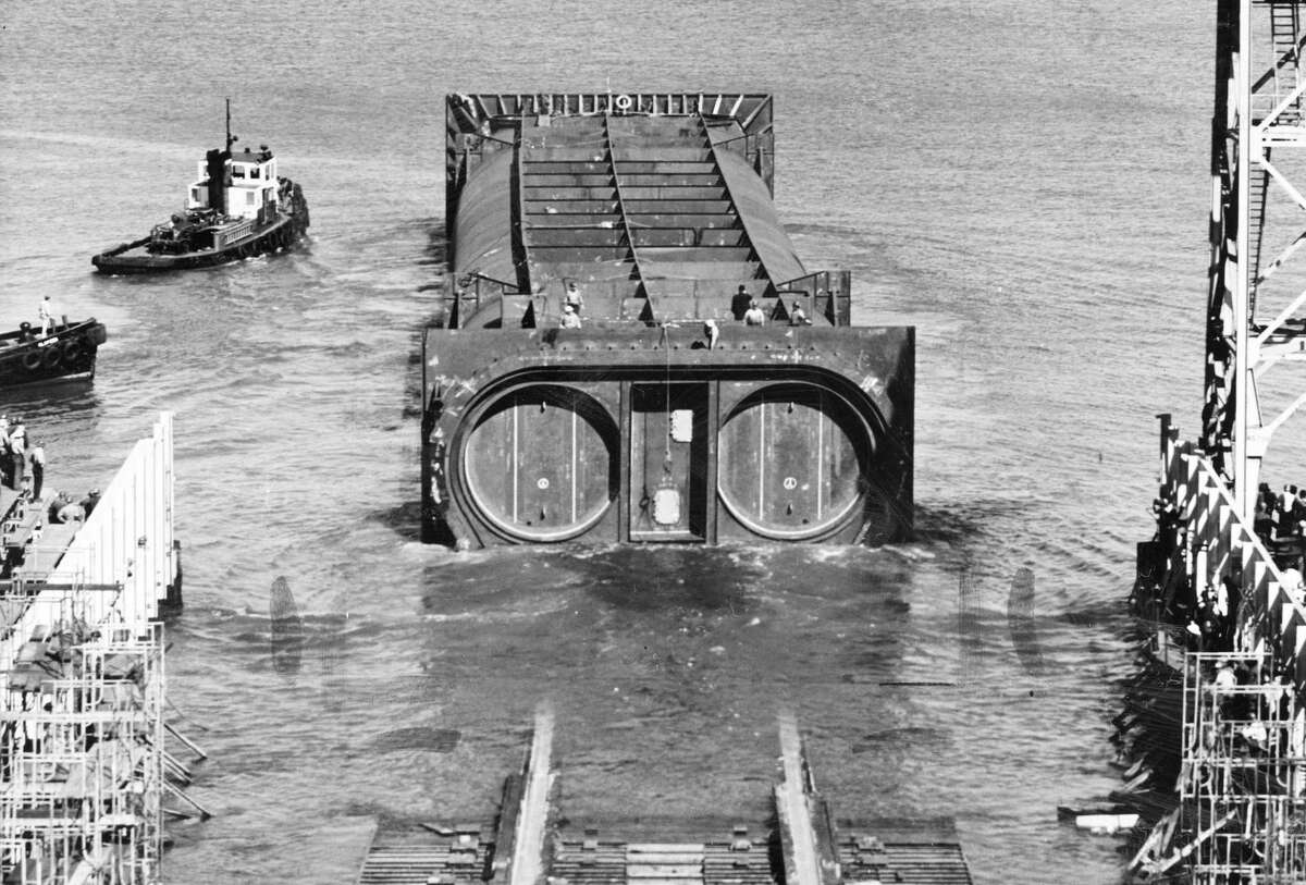 April 9, 1969: A section of BART Transbay Tube is positioned in the San Francisco Bay.