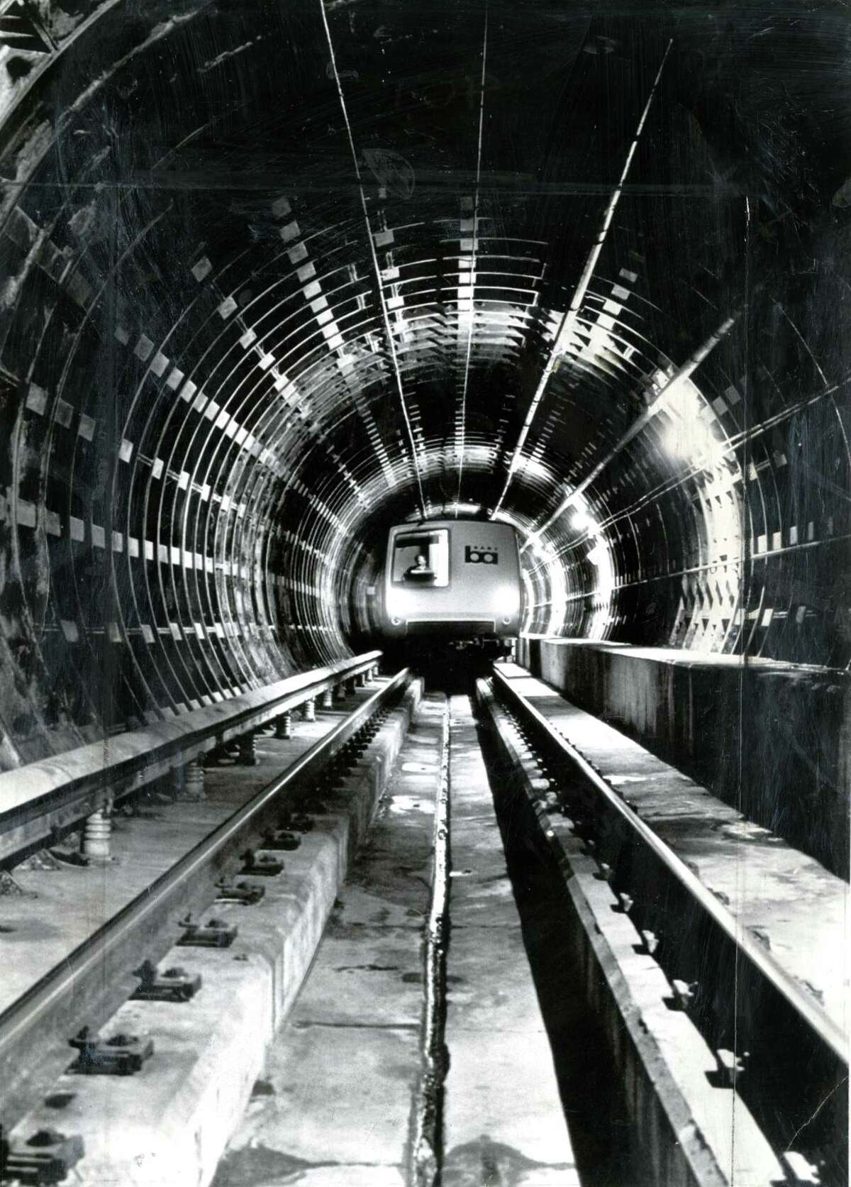 April 3, 1974: BART officials send a train through the Transbay Tube as one of the last tests before allowing passengers on the system.
