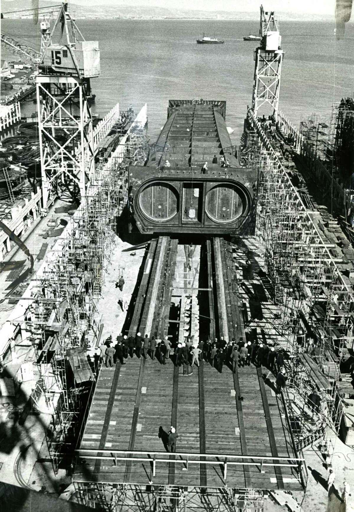 Sept. 7, 1966: A BART Transbay Tube segment built by Bethlehem Steel in San Francisco slides into the Bay. The transit agency used a 57 segments to build the underwater tube.