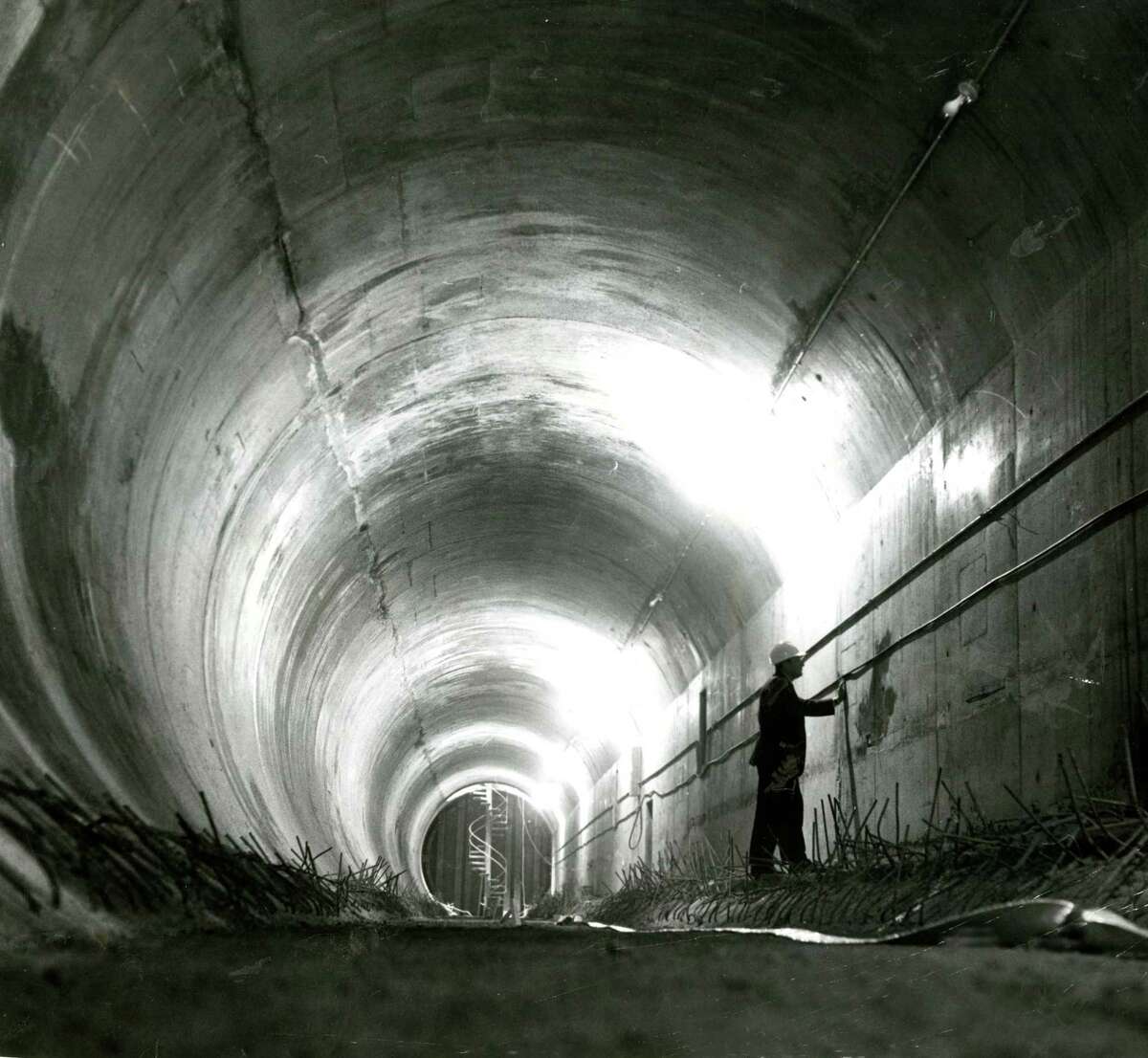 May 14, 1967: A view from inside of the first Transbay Tube segment laid down in Oakland.  The stairway in the distance is the end of the tube, and leads up to the surface.