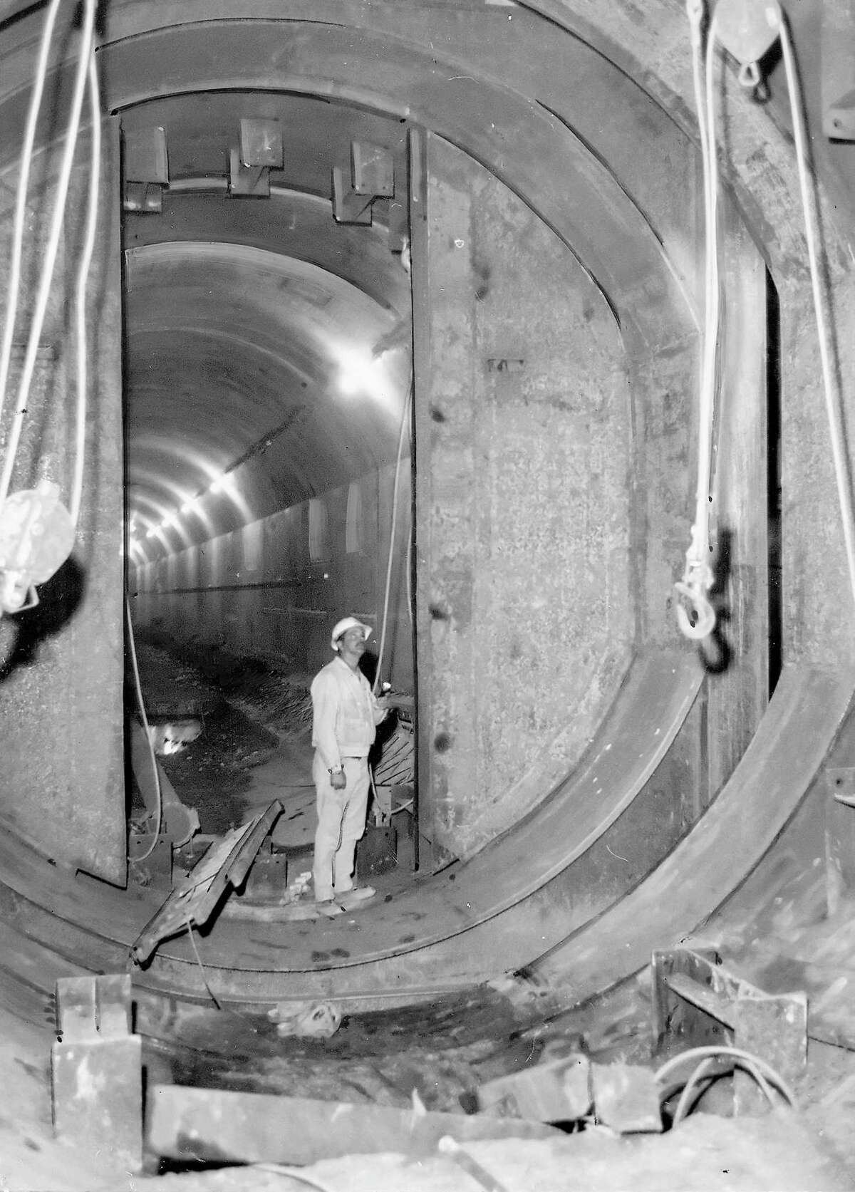 Aug. 3, 1967: BART inspector Donald Hughes surveys progress on the Transbay Tube that linked Oakland to San Francisco.
