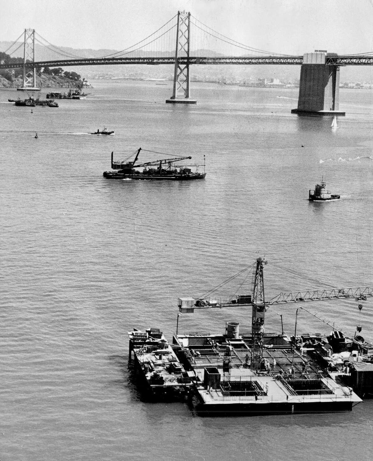 Sept.  20, 1968: A view from the clock tower of the Ferry Building looking out toward barges assisting in the construction of the BART Transbay Tube.