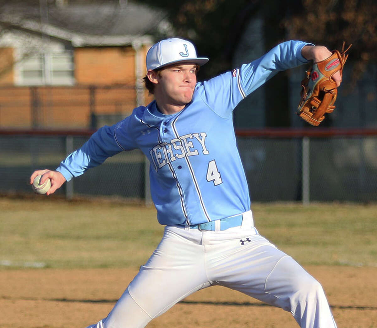 Jersey's Jacob Wagner delivers a pitch in the Panthers' season opener on March 14 in Gillespie. The Panthers are off to a 5-0 start, their best since 7-0 25 years ago.