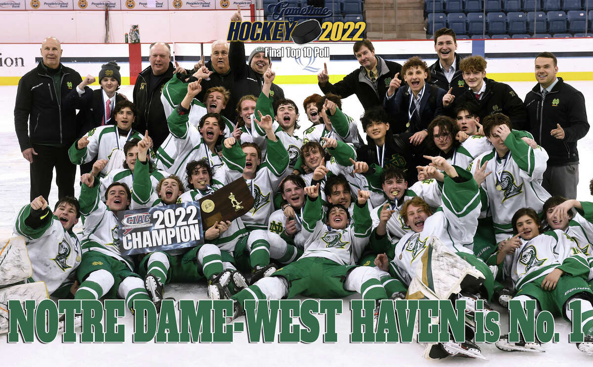 Notre Dame-West Haven celebrates their 4-2 win over Darien in the CIAC Division 1 State Championship at the People's United Center in Hamden on March 22, 2022