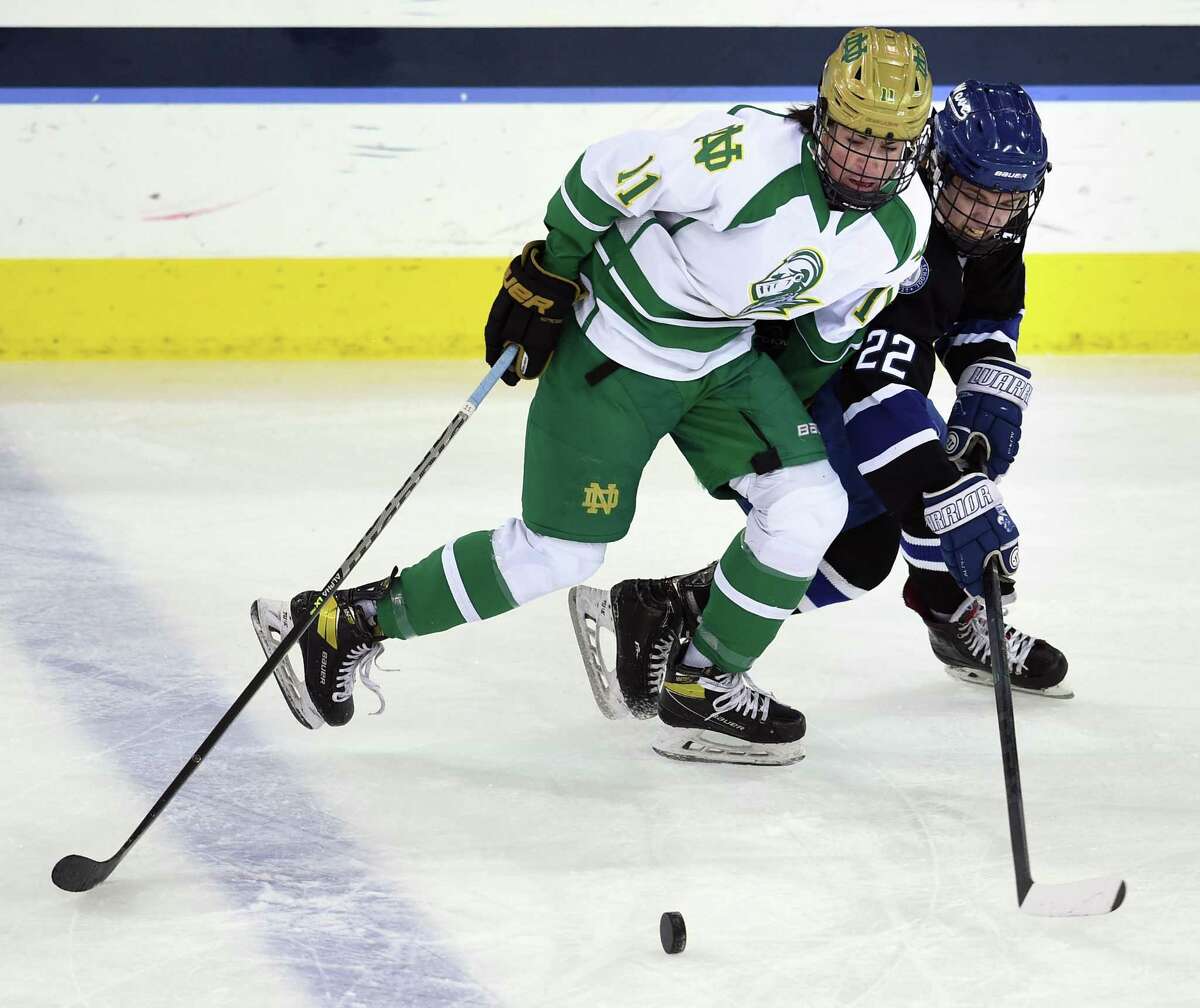 Notre Dame-West Haven’s James Mascari, left, and Darien’s Graham Kreppein fight for the puck in the Division I championship at the People’s United Center in Hamden on Tuesday.