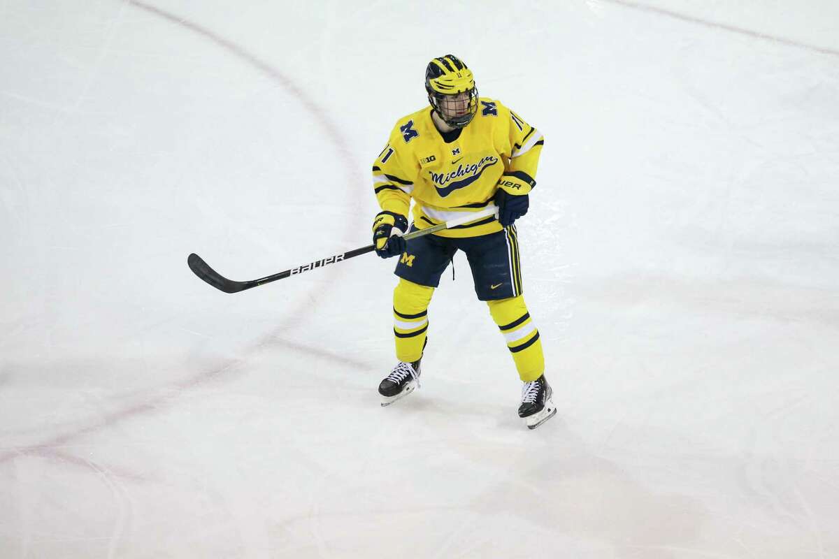 Michigan’s Mackie Samoskevich skates against Ohio State during a men’s hockey game on Feb. 19 in Ann Arbor, Mich.